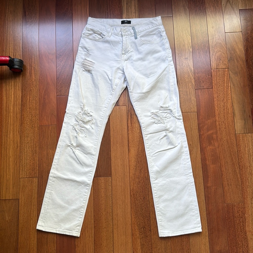 7 For All Mankind Low Straight White Jeans with Blue Accent Pocket - Size 26